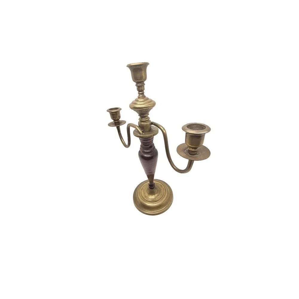 Vintage Brass Mahogany Wood 3 Arm Candelabra Dark Academia English Country